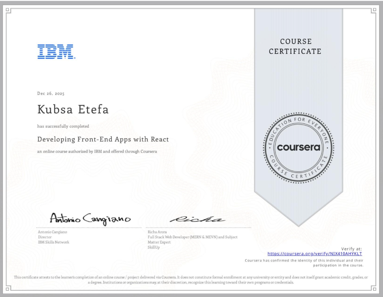 Developing Front-End Apps with React certificate image