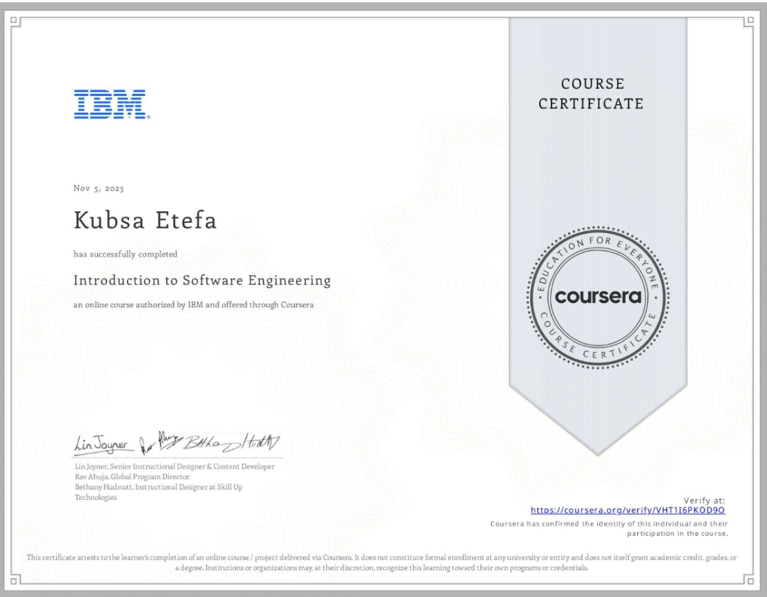 Introduction to Software Engineering certificate image
